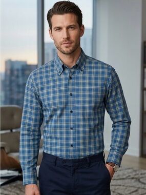 Italian Made Men's Blue Plaid Long-Sleeve Button-Down Shirt Neck 17